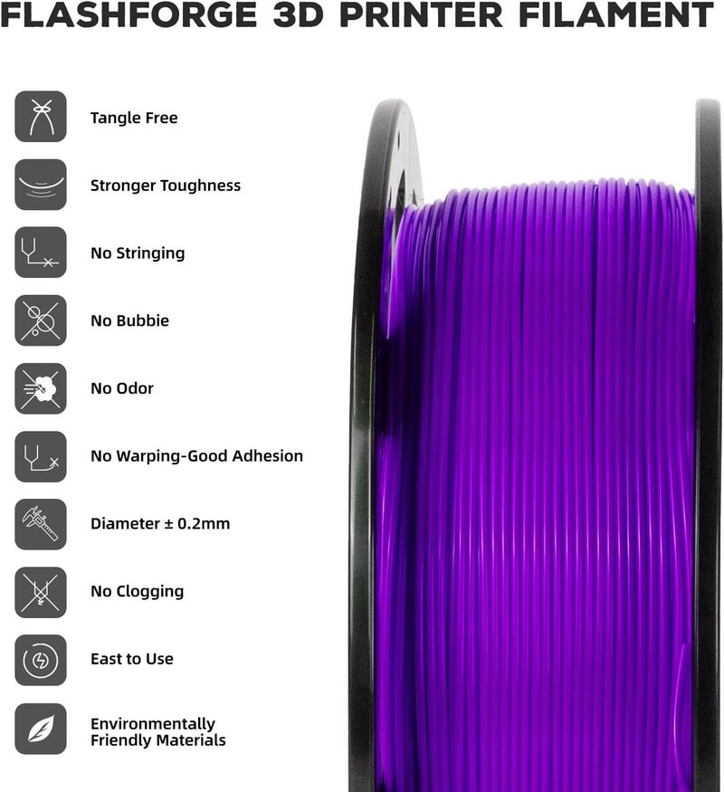 FLASHFORGE PLA Filament 1.75mm, 3D Printer Filament 1kg (2.2lbs) Spool, Dimensional Accuracy +/- 0.02mm, 3D Printing Filament Easy to Use and Fits for Most FDM 3D Printers (Purple) - Image 2